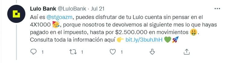 Tweet de Lulo Bank en donde responde a uno de sus usuarios acerca de la devolución del 4x1000. Foto tomada de @LuloBank.