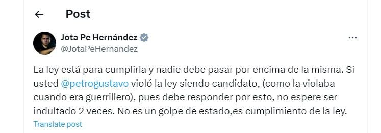 Jota Pe Hernández habla del golpe de estado que mencionó Gustavo Petro - crédito @JotaPeHernandez