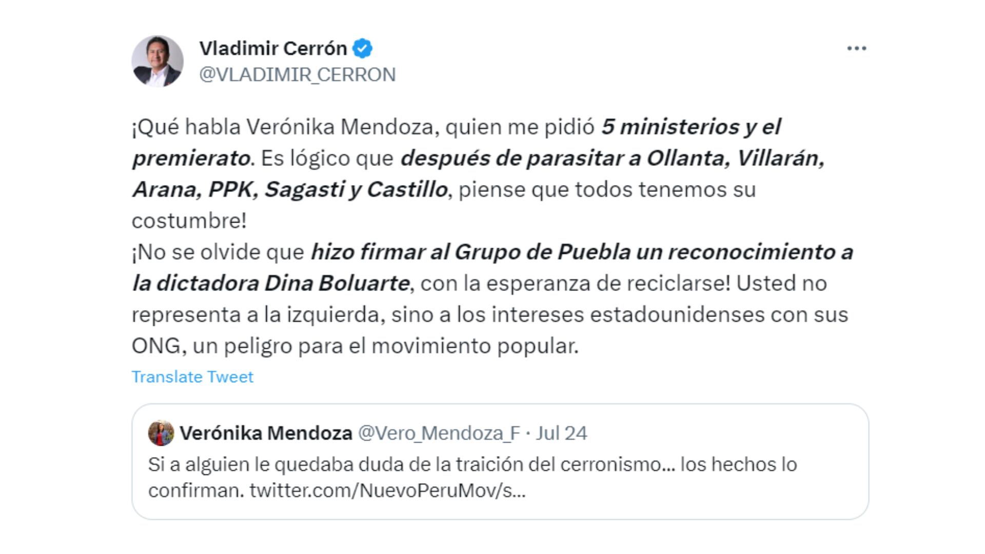 Vladimir Cerrón se enfrenta a Verónika Mendoza en redes sociales|Twitter (Vladimir Cerrón)