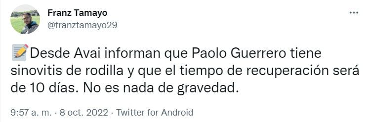 Información del periodista Franz Tamayo con respecto a la última lesión de Paolo Guerrero.