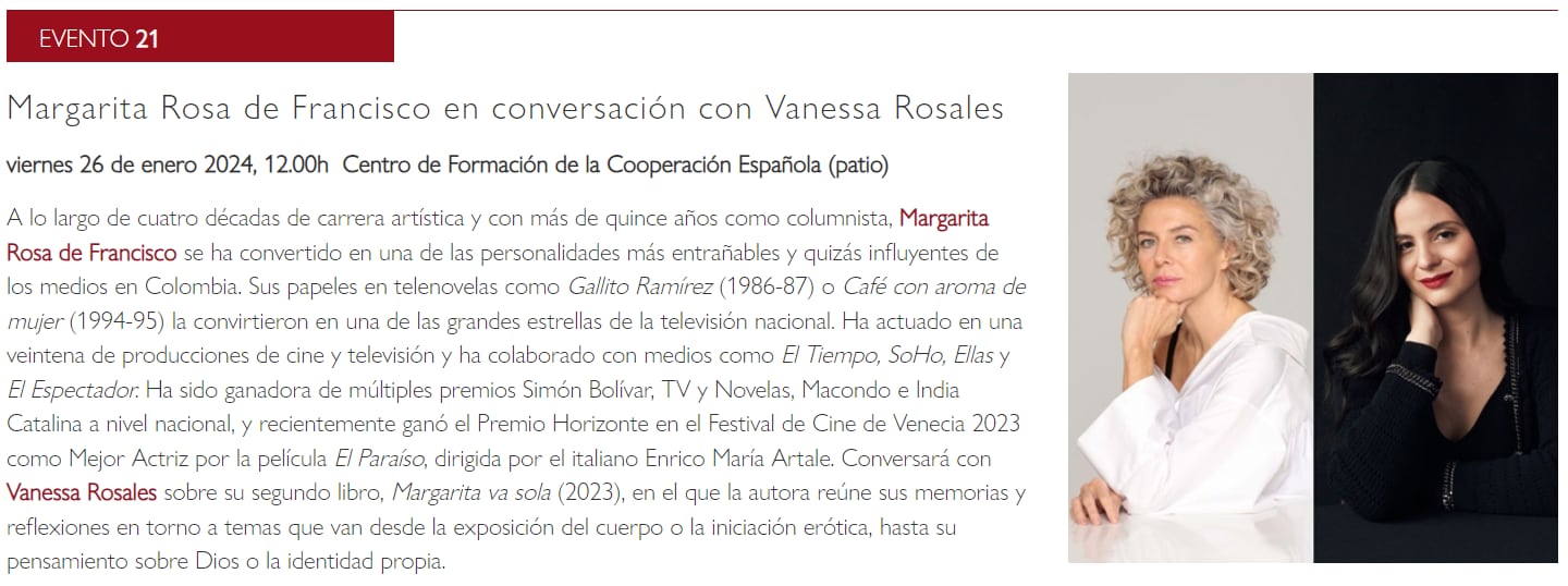 Margarita Rosa de Francisco tendrá charla con Vanessa Rosales en el Hay Festival Cartagena 2024  - crédito @hayfestival_esp/Instagram