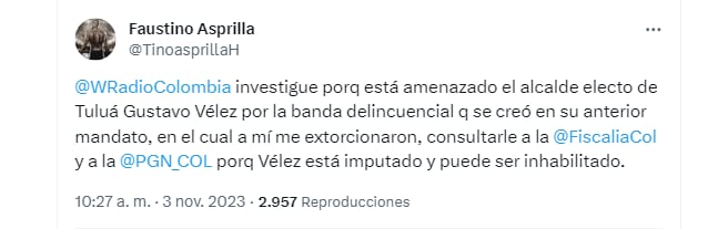 El exfutbolista hizo esta publicación sobre las amenazas que habría recibido el alcalde electo de Tuluá - crédito @TinoasprillaH/X