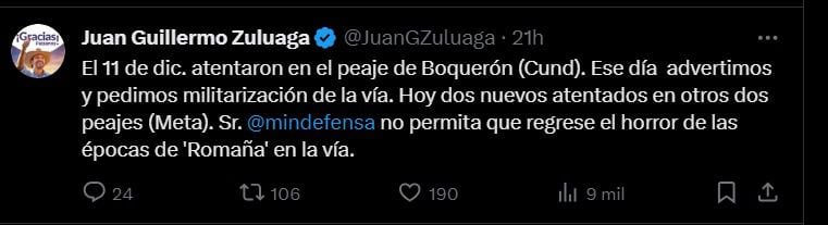 A través de su ceunta de X el gobernador del Meta Juan Guillermo Zuluaga pidió la militarización de la vía al Llano - crédito Juan Guillermo Zuluaga / X