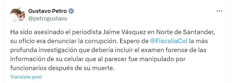 El presidente pidió investigar a fondo la muerte del veedor ciudadano en Cúcuta - crédito @petrogustavo/X