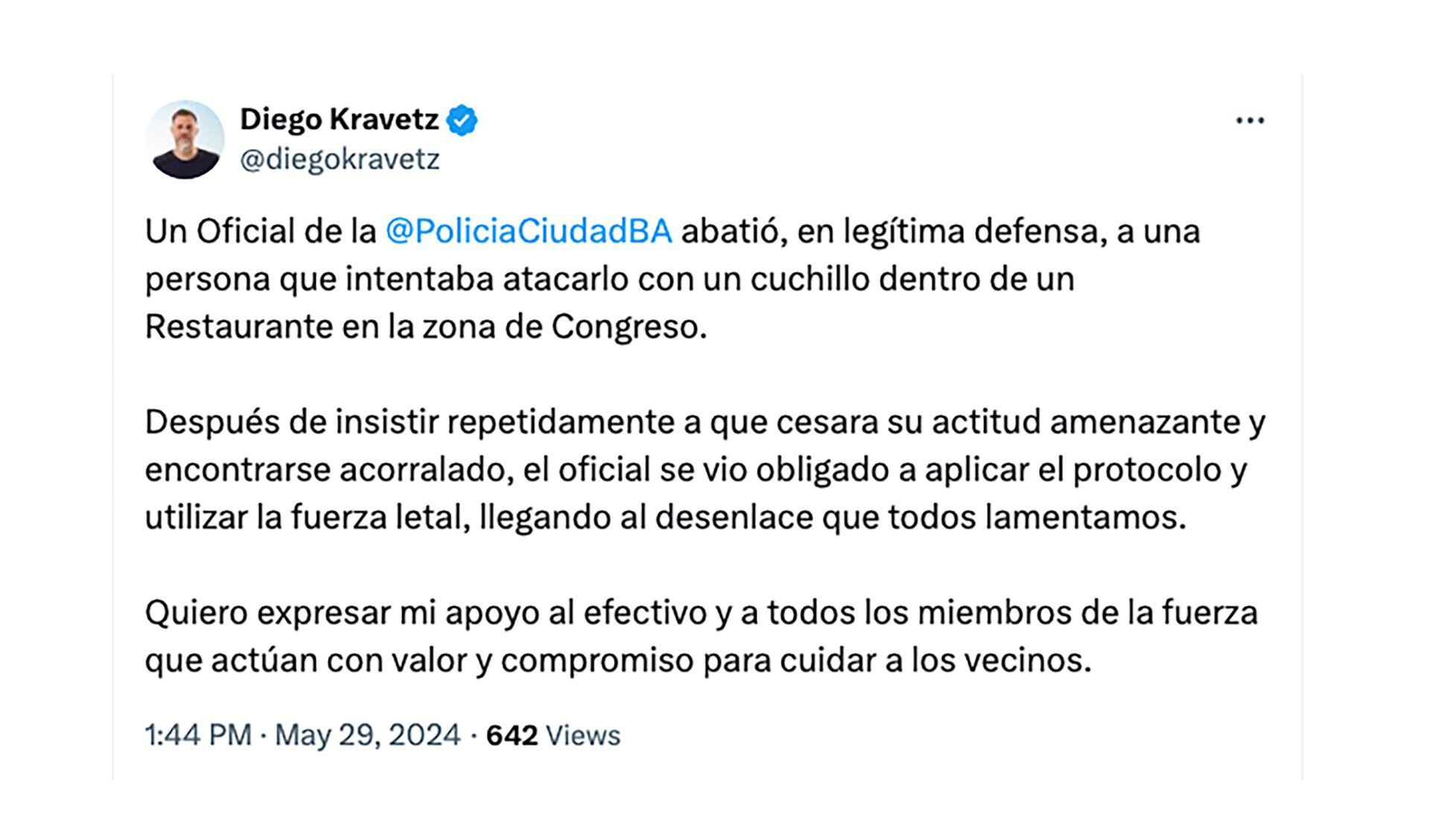 Diego Kravetz respaldó al policía que mató a un hombre en Balvanera