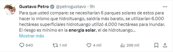 Petro criticó a Hidroituango y la comparó con  la energía solar - crédito @petrogustavo/X