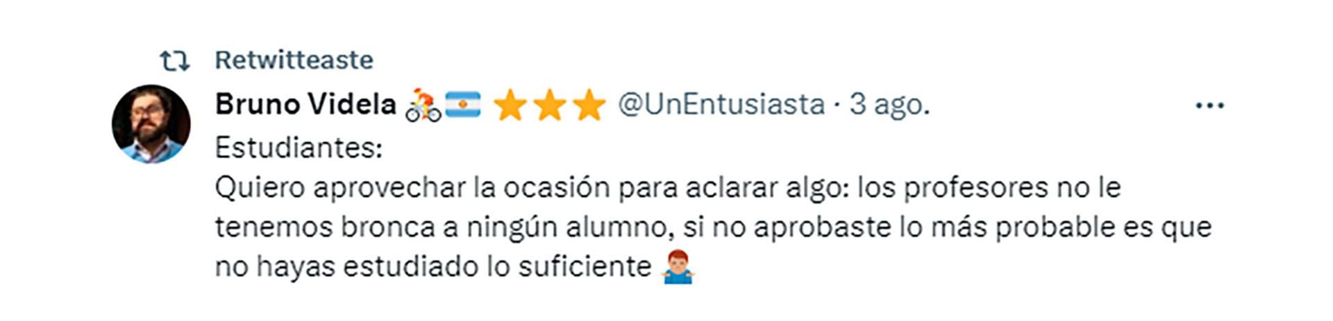 El mensaje de Bruno Videla, profesor secundario en la Ciudad de Buenos Aires, a sus alumnos (Twitter)