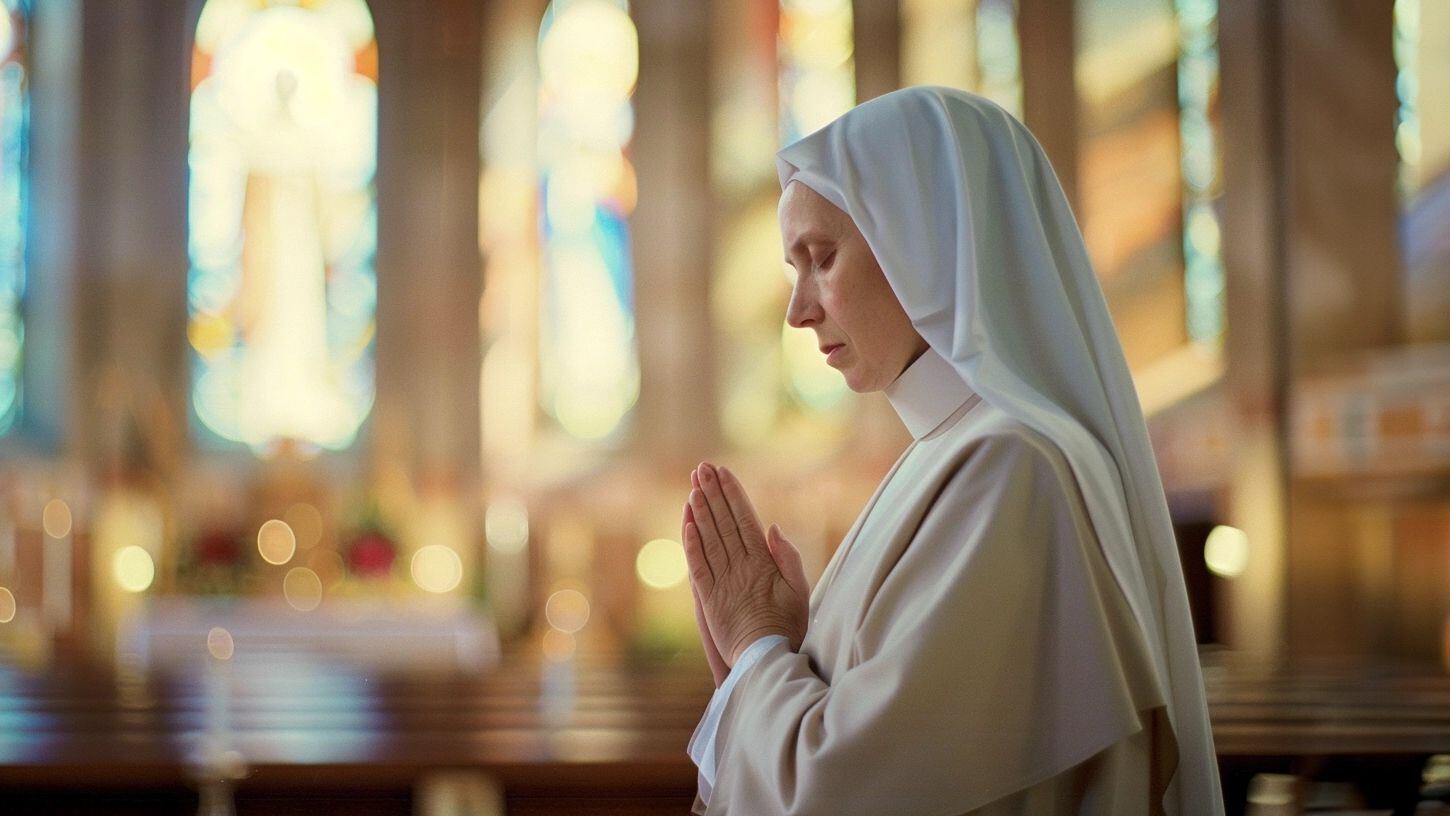 Una religiosa vestida con su hábito tradicional, se encuentra de rodillas en un banco de iglesia, sumida en una oración silenciosa. La fotografía ilustra la serenidad y profundidad de la práctica espiritual dentro del catolicismo, destacando la conexión personal con lo divino en un espacio de culto. (Imagen ilustrativa Infobae)