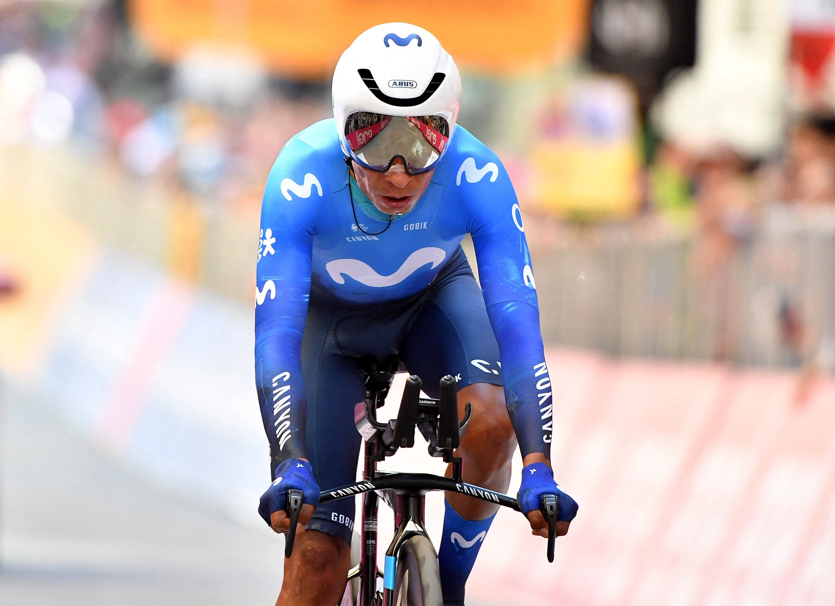 Cycling - Giro d'Italia - Stage 7 - Foligno to Perugia - Italy - May 10, 2024 Movistar Team's Nairo Quintana reacts as he crosses the finish line after stage 7 REUTERS/Jennifer Lorenzini