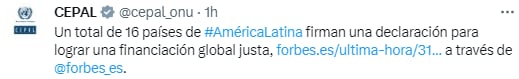 Cepal ha estado al tanto de la "Primera Cumbre de Latinoamérica y el Caribe para una tributación global incluyente, sostenible y equitativa". Twitter/@cepal_onu