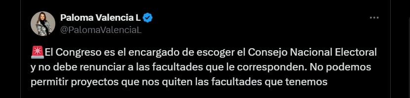 La senadora Paloma Valencia criticó el proyecto de ley de elección de magistrados del CNE en la Comisión Primera del Senado - crédito @PalomaValenciaL/X