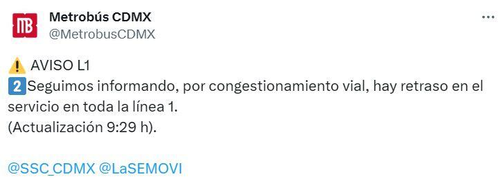 Continúan los problemas en la Línea 1 del Metrobús, advierten retrasos en la llegada de las unidades. 
Foto: TW MB CDMX