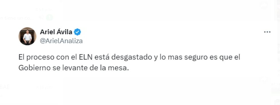 El senador Ariel Ávila, de la Alianza Verde, señaló que el proceso de paz con el ELN estaba desgastado - crédito @ArielAlianza/X