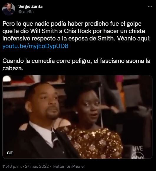 Sergio Zurita ha criticato Will Smith per aver battuto Chris Rock agli Oscar 2022