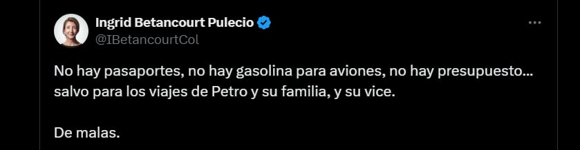 Para Ingrid Betancourt los únicos aviones que van a volar son los del presidente Petro y la vicepresidenta Francia Márquez - crédito @IBetancourtCol/X