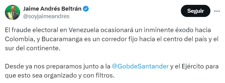 Jaime Andrés Beltrán aseguró que la jornada electoral en Venezuela ocasionará un "inminente éxodo" hacia Colombia - crédito @soyjaimeandres/X