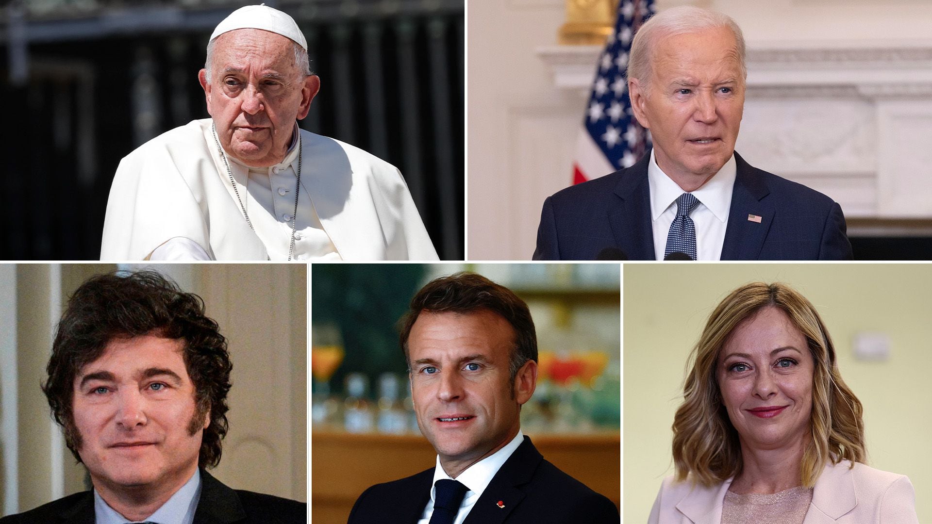 Milei en el G7 Javier Milei, Joe Biden, Emmanuel Macron, Giorgia Meloni y el Papa Francisco