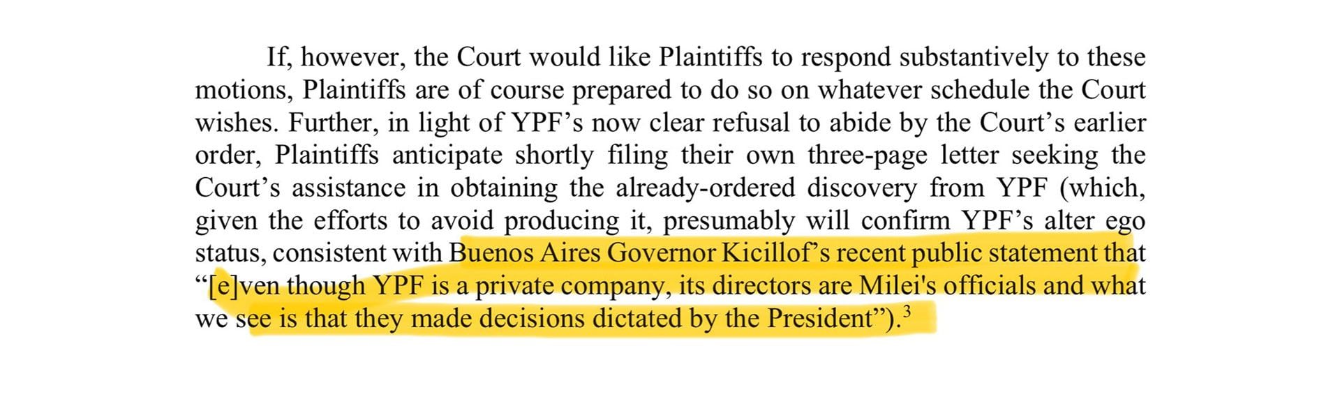 Fragmento del escrito que presentó Burford invocando las palabras de Kicillof.