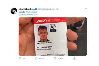 Mensaje de Hulkenberg en su cuenta de Twitter tras regresar a la F1 para correr en el Eifel