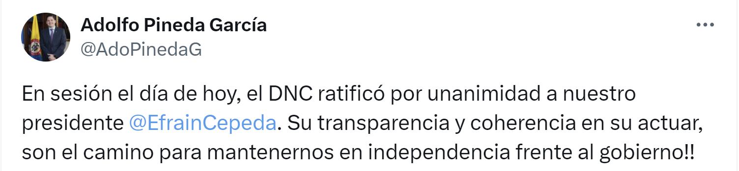 El secretario general del Partido Conservador reiteró el respaldo a Efraín Cepeda como presidente de la colectividad - crédito X