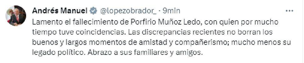 AMLO reaccionó a la muerte de Porfirio Muñoz Ledo, quien le colocó la banda presidencial en 2018. (TW/@lopezobrador_)