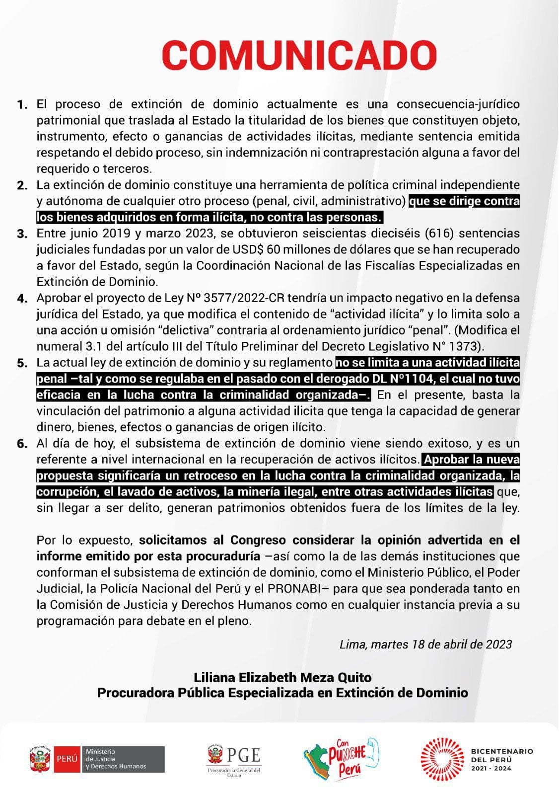 Respuesta de la Procuraduría de abril 2023 sobre proyecto de Extinción de Dominio de Fuerza Popular. PGE