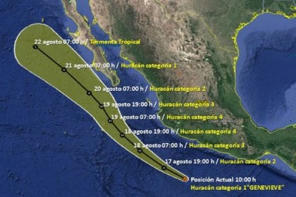 Trayectoria del huracán Genevieve en los próximos días (Foto: Servicio Meteorológico Nacional/Conagua Clima)