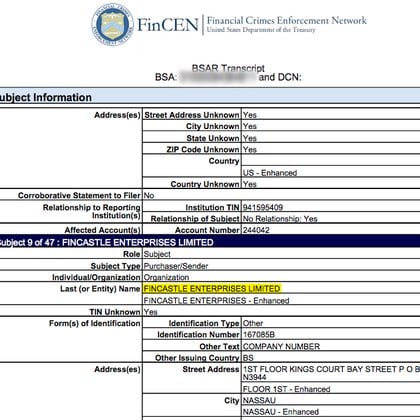 El SAR donde aparece reportada Fincastle Enterprises, junto a otras empresas pantalla usadas por Odebrecht para pagar coimas.