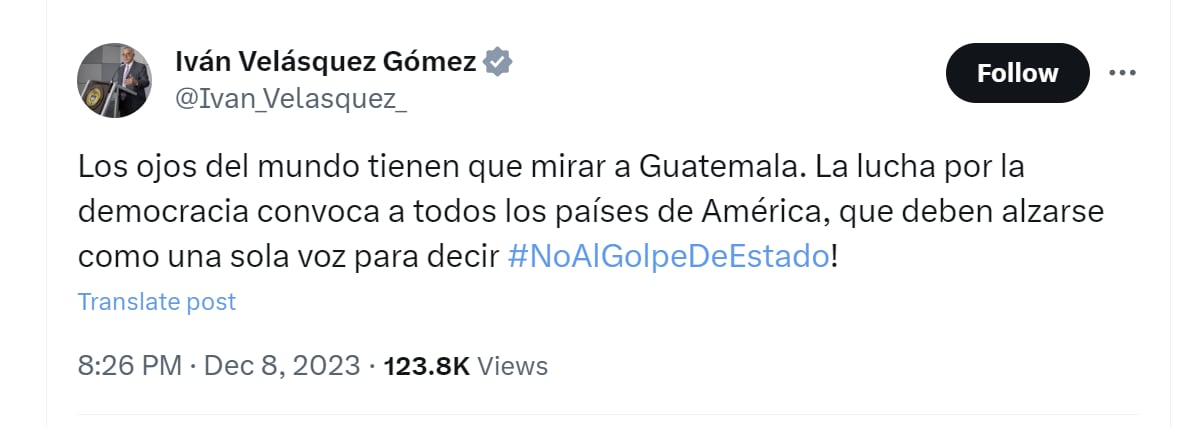 Iván Velásquez pidió prestar atención a lo que está sucediendo en Guatemala debido a la decisión de la Fiscalía de invalidar la elección de Bernardo Arévalo - crédito @Ivan_Velasquez_/X