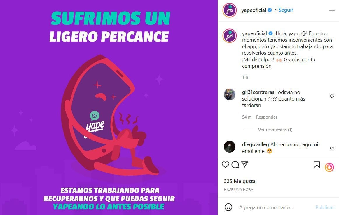 Comunicado de Yape en redes sociales