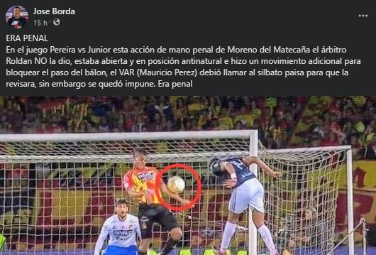 El analista arbitral aseguró que la acción defensiva del Deportivo Pereira era falta dentro del área para determinar el penalti - crédito José Borda / Facebook