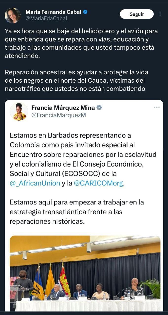 La opositora volvió a criticar a Francia Márquez por su viaje a Barbados.
Twitter (@MariaFdaCabal)