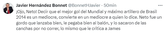Javier Hernández Bonnet arremetió contra Neto por sus críticas contra James Rodríguez- crédito @BonnetHJavier/X