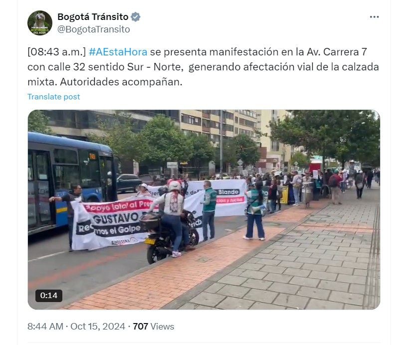 Manifestación de trabajadores de SENA en la carrera Séptima de Bogotá - crédito @BogotaTransito/X