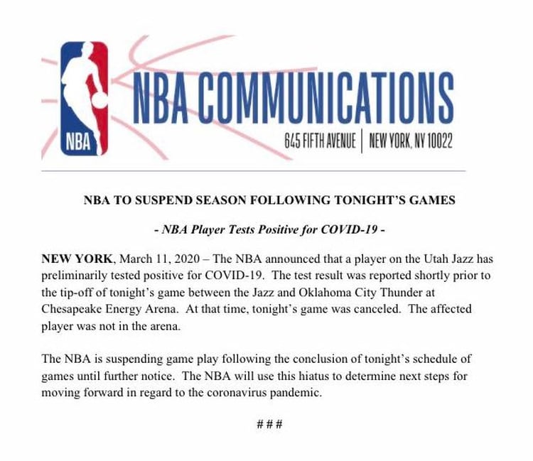 El comunicado de la NBA con el que anuncia la suspensión de la temporada 2019-2020