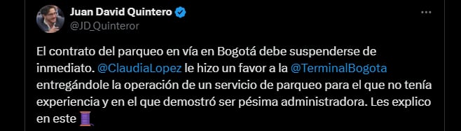 El concejal aseguró que el contrato de parqueo en vía en Bogotá debe suspenderse - crédito @JD_Quinteror/X