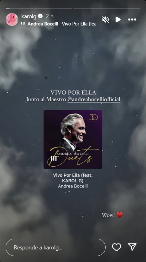 Karol G  reveló que se conecta con la música de Andrea Bocelli desde su adolescencia - crédito @karolg/Instagram