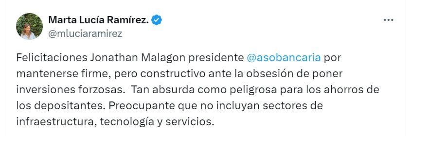 Marta Lucía Ramírez, exvicepresidenta de la República, mostró preocupación por sectores que quedaron fuera del pacto por el crédito - crédito @mluciaramirez/X