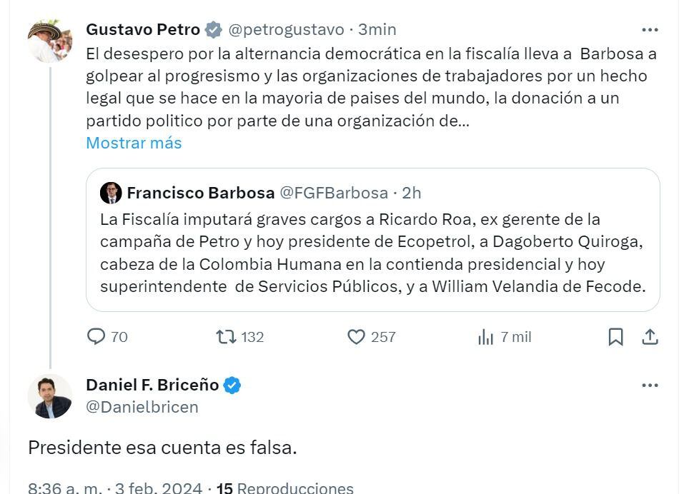 Presidente Petro le respondió a una cuenta falsa del fiscal Barbosa por imputación de cargos a Ricardo Roa y Dagoberto Quiroga - crédito @petrogustavo/X