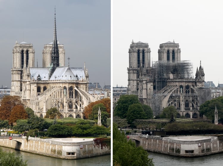 Vista panorámica de la catedral de Notre Dame, antes y después de la tragedia (Reuters)