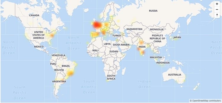 Las regiones en las que Gmail funciona con problemas, según el sitio DonwDetector.