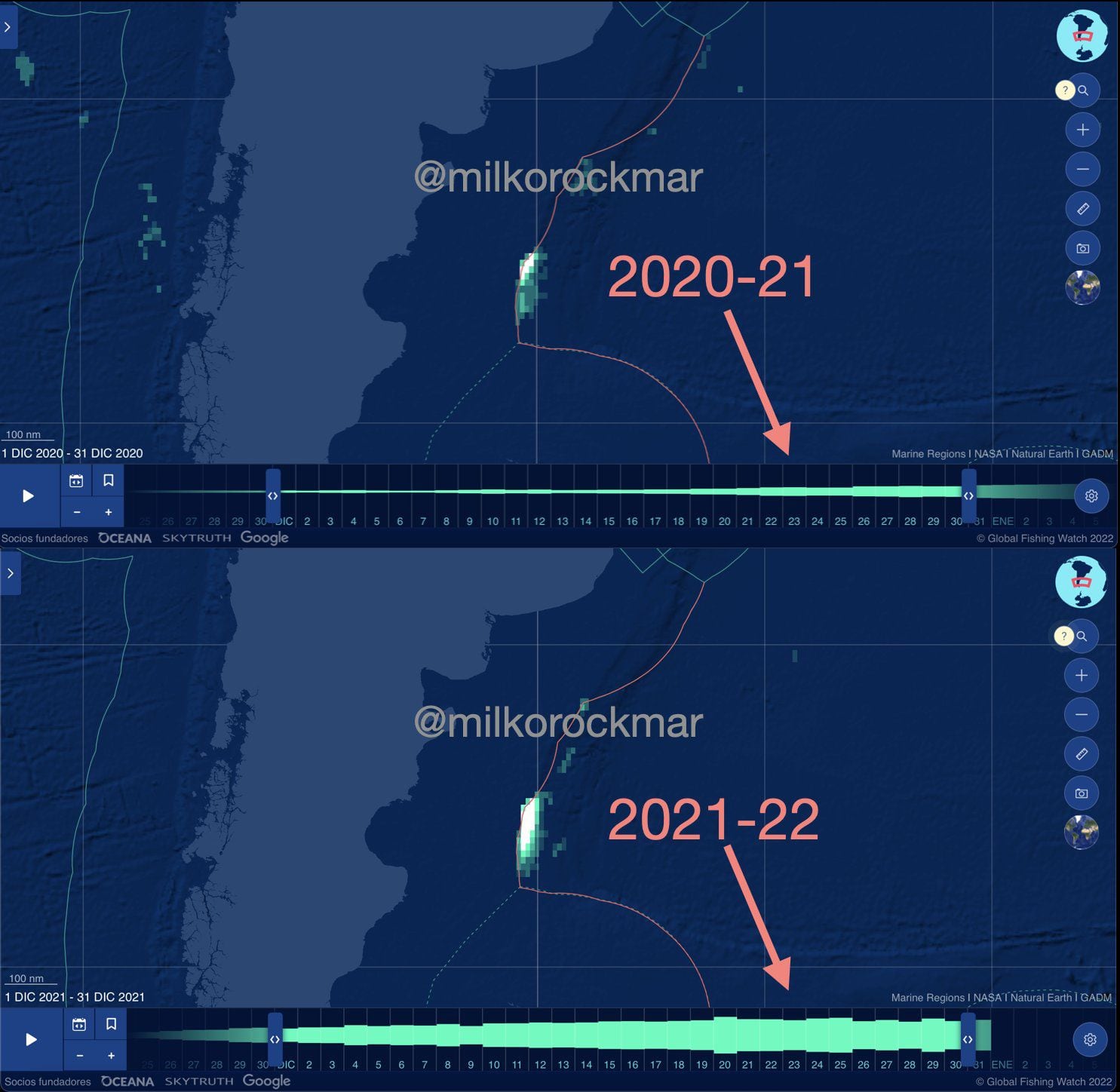 Gráfico del incremento de la presencia de embarcaciones pesqueras, mayoritariamente chinas, frente a las costas de los países latinoamericanos. (Cortesía de Milko Schvartzman).