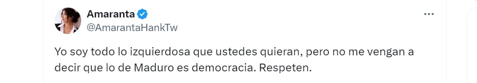 Amaranta Hank señala que Nicolás Maduro debe dejar el poder en Venezuela - crédito @AmarantaHankTw/X