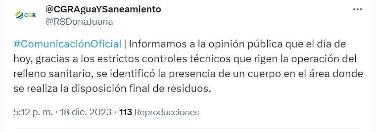 El cuerpo fue encontrado por trabajadores de la empresa - crédito @RSDonaJuana/X