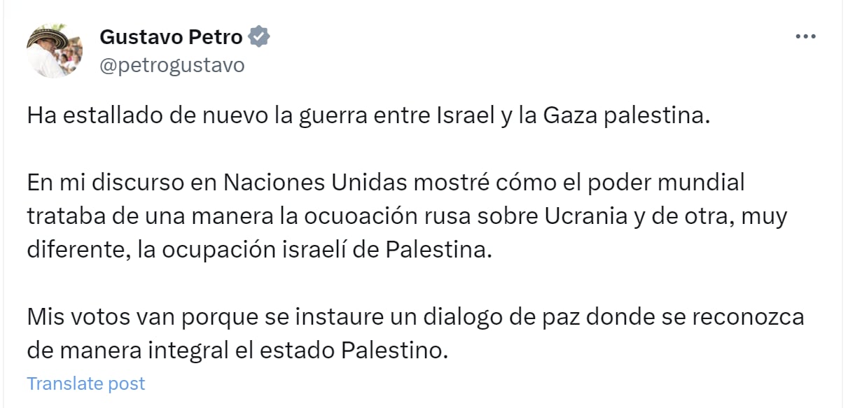 El presidente Gustavo Petro comparó la guerra entre Palestina e Israel con la de Rusia y Ucrania - crédito Gustavo Petro/X