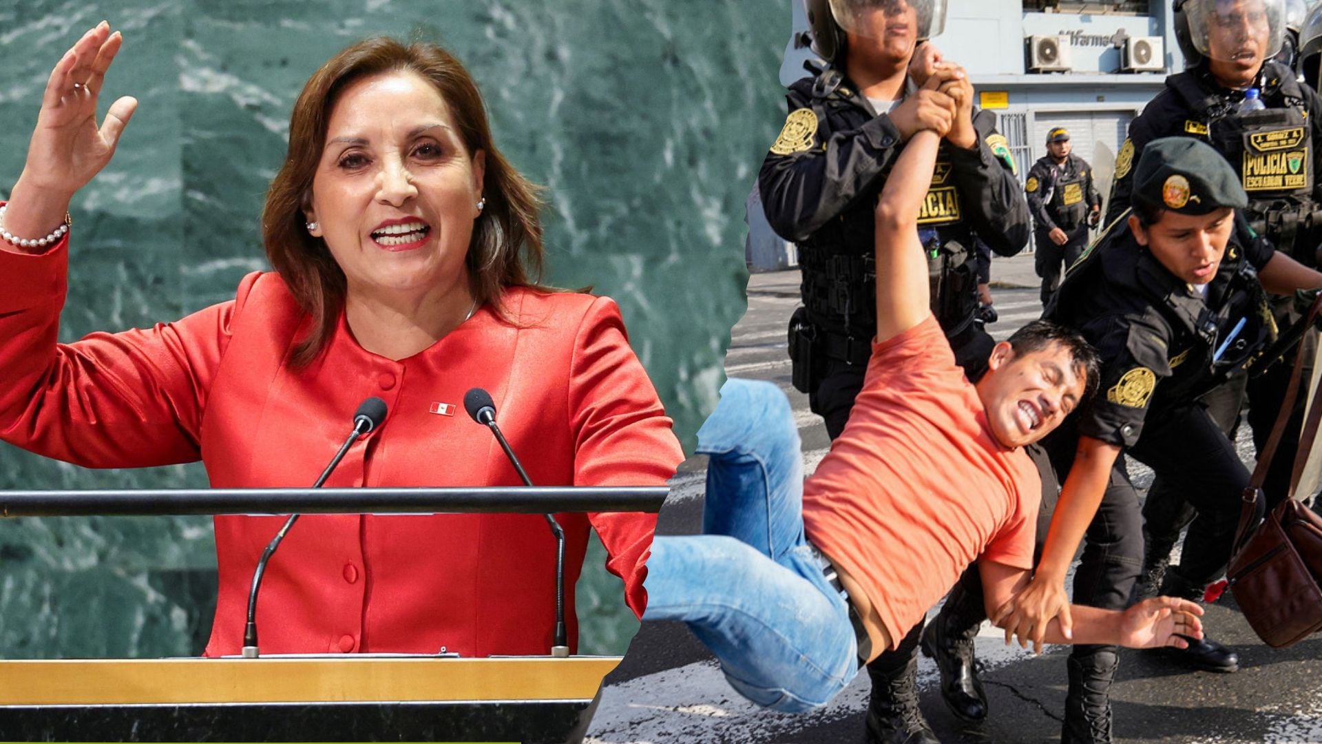 La presidenta de la república, Dina Boluarte, se presentó en la Asamblea de la Organización de las Naciones Unidas (ONU), realizada en Estados Unidos, y brindó su discurso ante otros mandatarios. (Composición: Infobae Perú - (/AP)