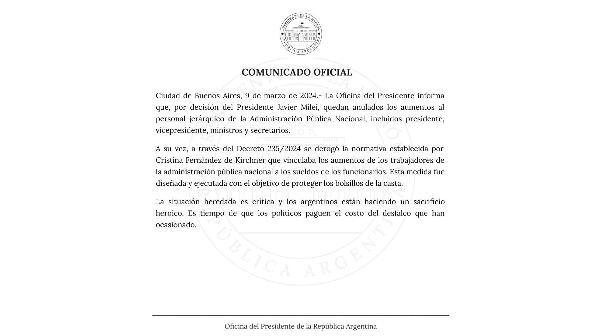 Comunicado - Oficina del Presidente - Sueldos de funcionarios