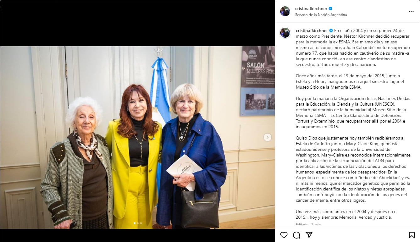 El posteo de Cristina Kirchner tras conocerse la noticia sobre el Museo Sitio de la Memoria ESMA