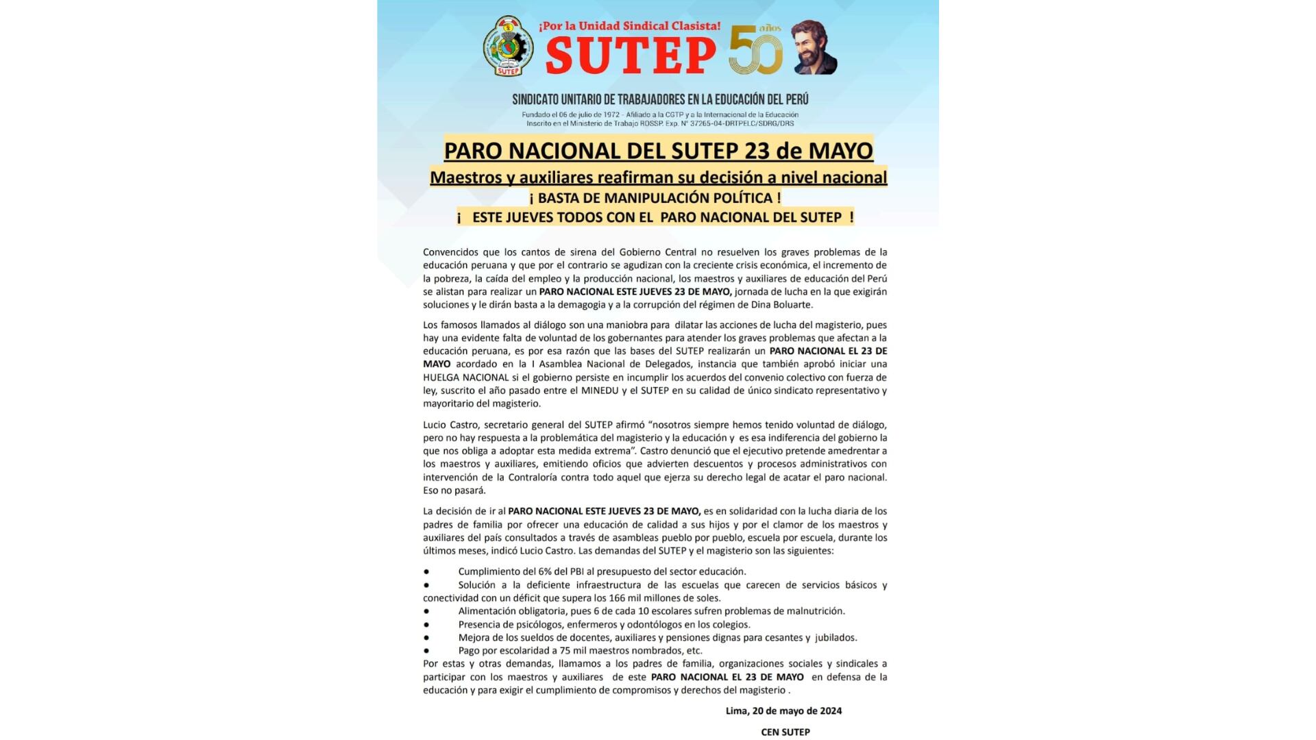 Maestros y auxiliares acatarán paro de 24 horas por demandas educativas, comunica Sutep