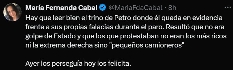 María Fernanda Cabal se pronunció contra el presidente Petro - crédito @MariaFdaCabal/X